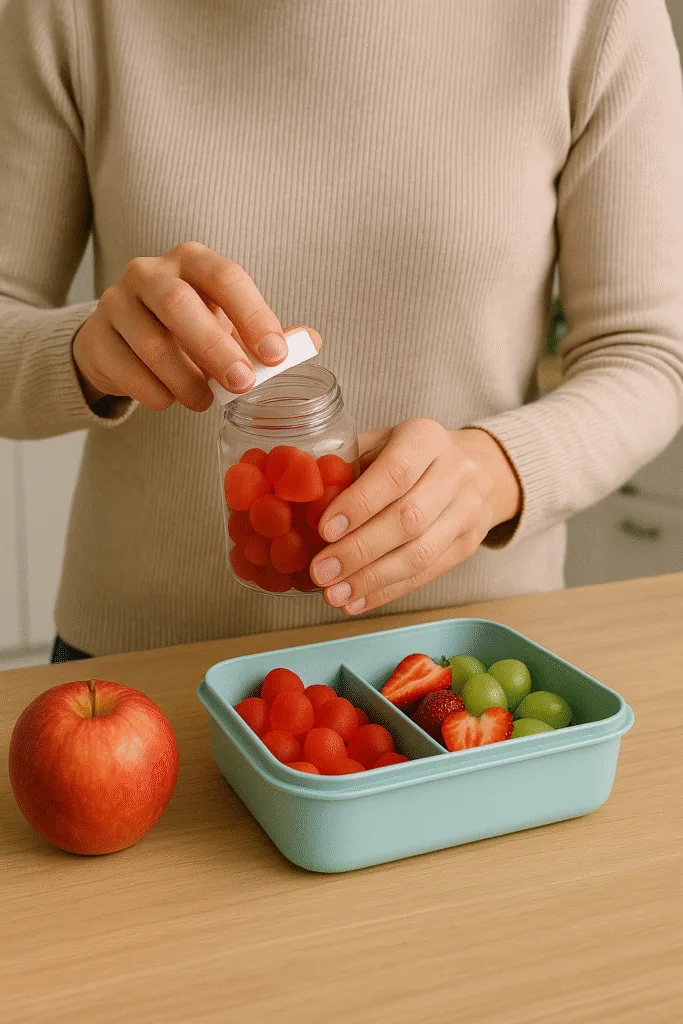 mom with Healthy collagen gummies on a table that are kid-friendly 